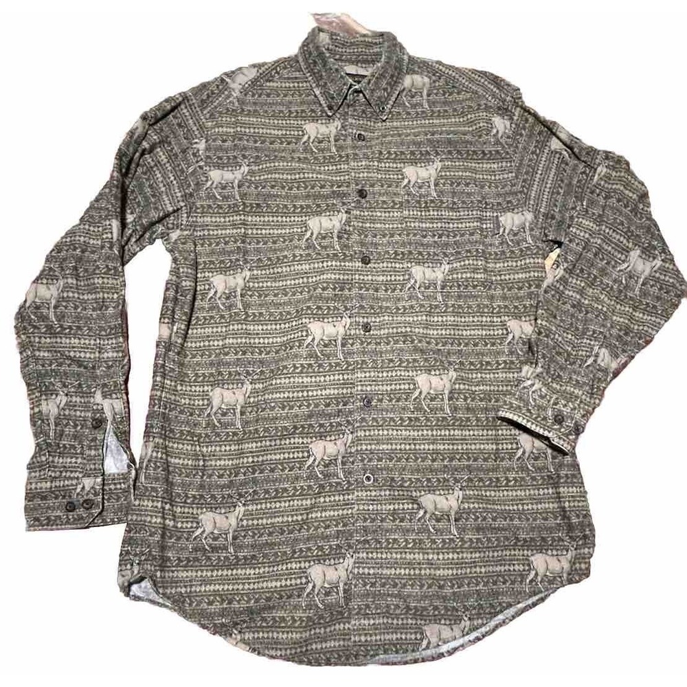 Woolrich Chamois Flannel Shirt Button Down Mens Size L All Over Print Deer